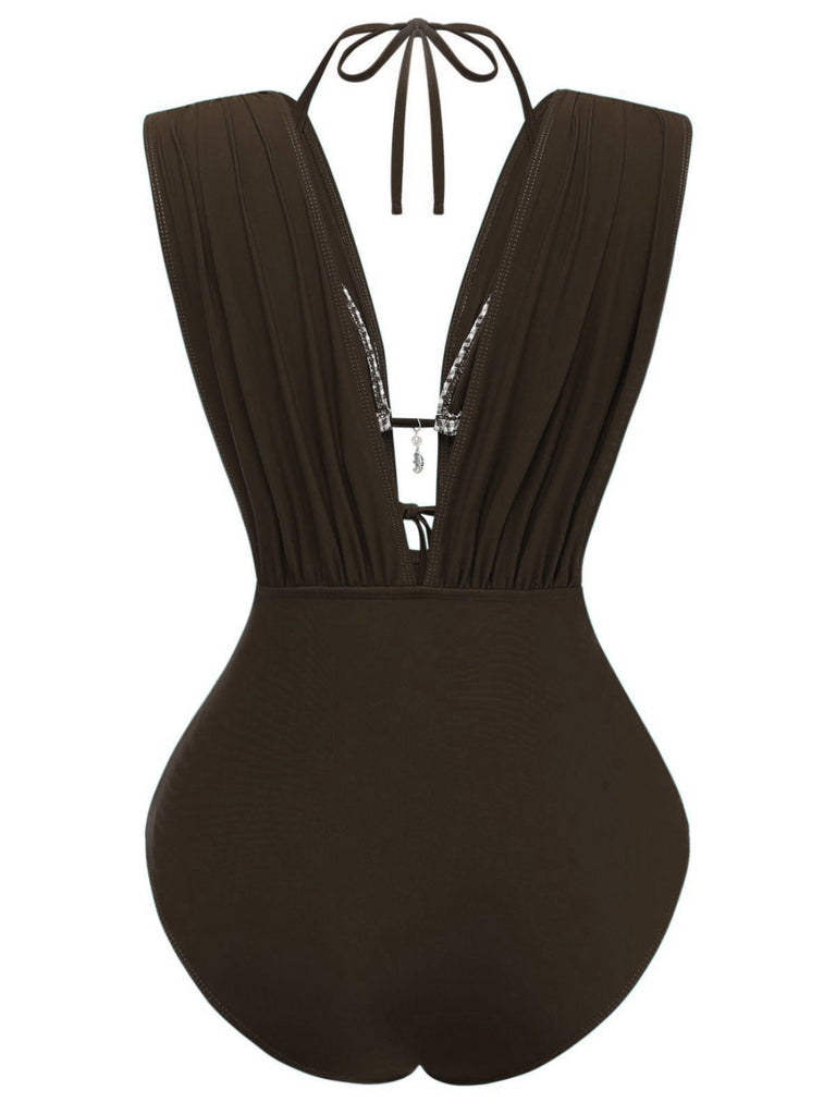 Kaffeebraunes, kariertes Neckholder-Bikini-Oberteil aus den 1960er Jahren mit tiefem Ausschnitt und Raffungen – Rückansicht