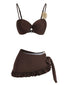 Kaffeebraunes 80er Satin-Bikini-Set & Rüschen-Cover-Up mit Metallsonne