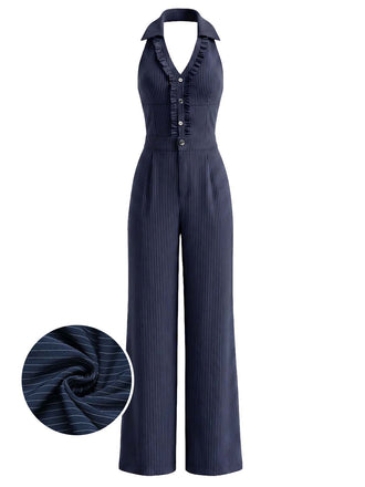 Dunkelblauer 40er Jumpsuit mit Neckholder und Rüschen