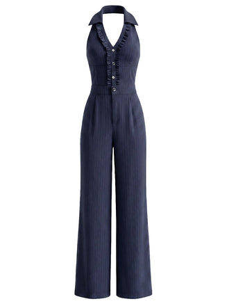 Dunkelblauer 40er Jumpsuit mit Neckholder und Rüschen