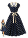 Blaues 50er Swingkleid mit Polka-Dots und Blumen