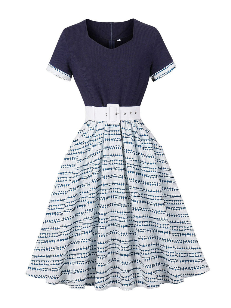 Dunkelblaues 50er Swingkleid mit Print und Geometrisch