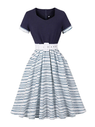 Dunkelblaues 50er Swingkleid mit Print und Geometrisch