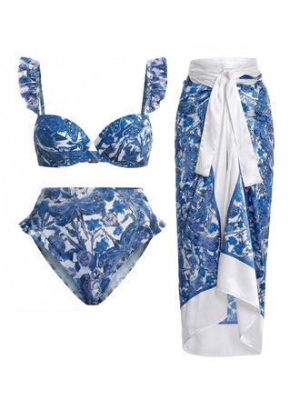 Dunkelblaues 60er Bikini-Set & Cover-Up mit Print und Libelle