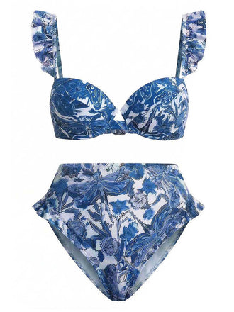 Dunkelblaues 60er Bikini-Set & Cover-Up mit Print und Libelle