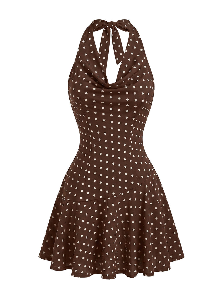 Braunes 60er Minikleid mit Polka-Dots und Faltenausschnitt