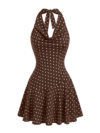 Braunes 60er Minikleid mit Polka-Dots und Faltenausschnitt