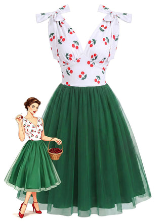 Dunkelgrünes 50er Netz-Kleid mit Farbblock und Kirschen