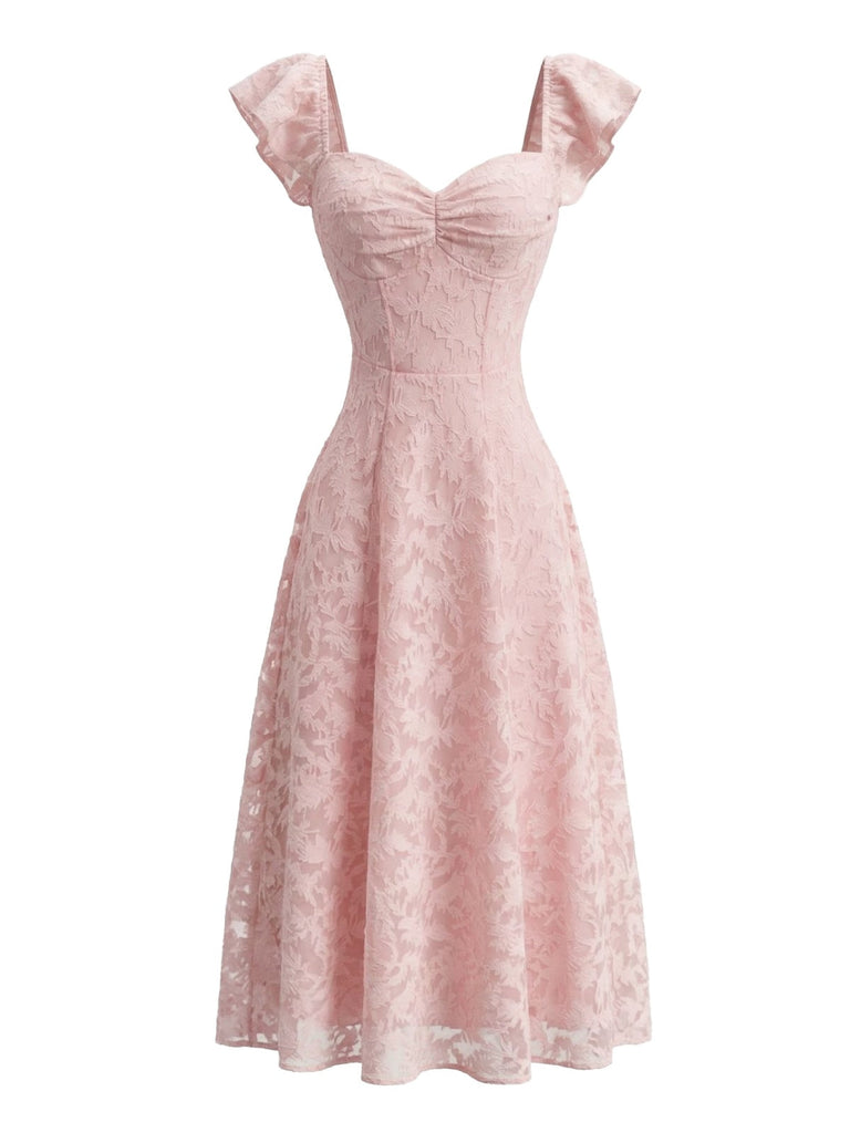 Rosa 50er Kleid mit Herzausschnitt und Rüschen