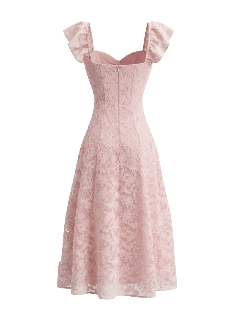 Rosa 50er Kleid mit Herzausschnitt und Rüschen