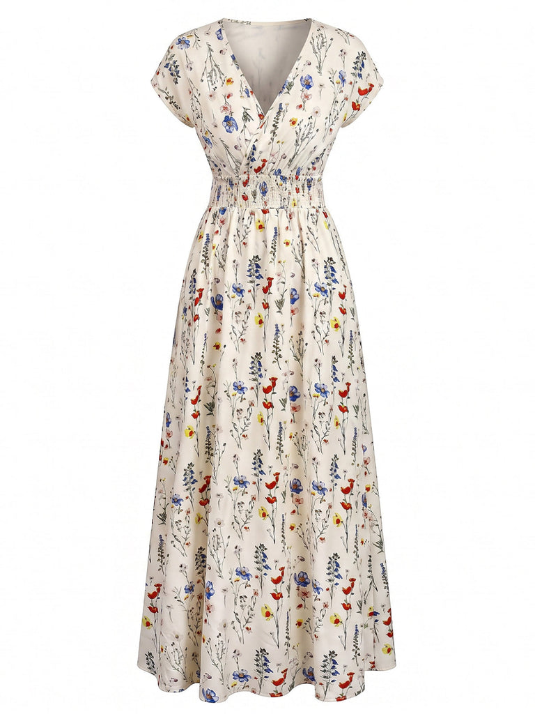 40er Maxikleid mit V-Ausschnitt und Blumen