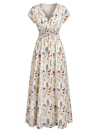 40er Maxikleid mit V-Ausschnitt und Blumen