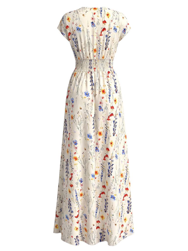 40er Maxikleid mit V-Ausschnitt und Blumen