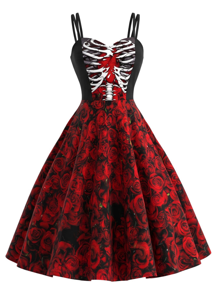 Dunkelrotes 50er Halloween Kleid mit Skelett- und Rosen-Print