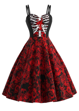 Dunkelrotes 50er Halloween Kleid mit Skelett- und Rosen-Print