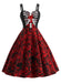 Dunkelrotes 50er Halloween Kleid mit Skelett- und Rosen-Print