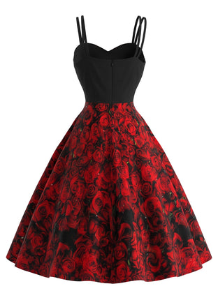Dunkelrotes 50er Halloween Kleid mit Skelett- und Rosen-Print
