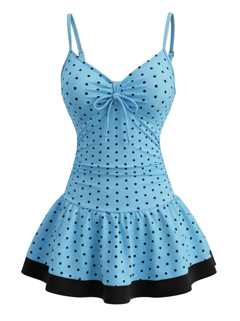 Himmelblaues 50er Badekleid mit Polka-Dots