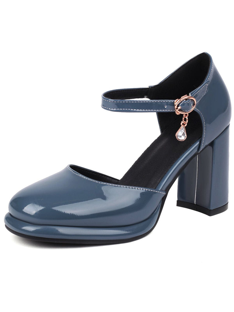 Dunkelblaugrau Vintage Lackleder Knöchelriemen Block Absatz Pumps