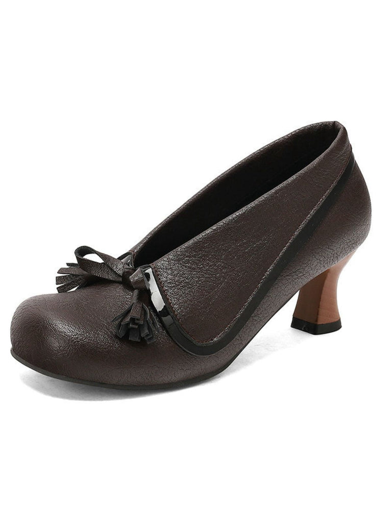 Dunkelbraun Retro Bogen PU Rundspitze Blockabsatz Schuhe