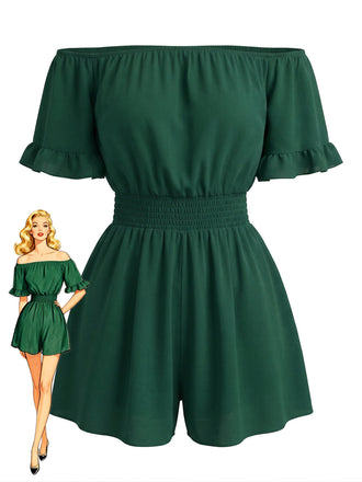 Unifarbener Jumpsuit im Stil der 1940er Jahre mit schulterfreiem Rock, Rüschenärmeln und geraffter Taille – Vintage-Jumpsuit, Retro-Mode