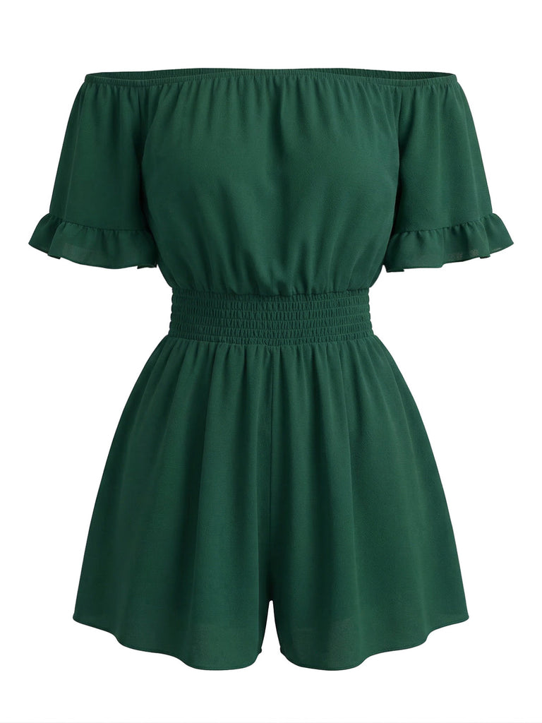 Unifarbener Jumpsuit im Stil der 1940er Jahre mit schulterfreiem Rock, Rüschenärmeln und geraffter Taille – Vintage-Jumpsuit, Retro-Mode