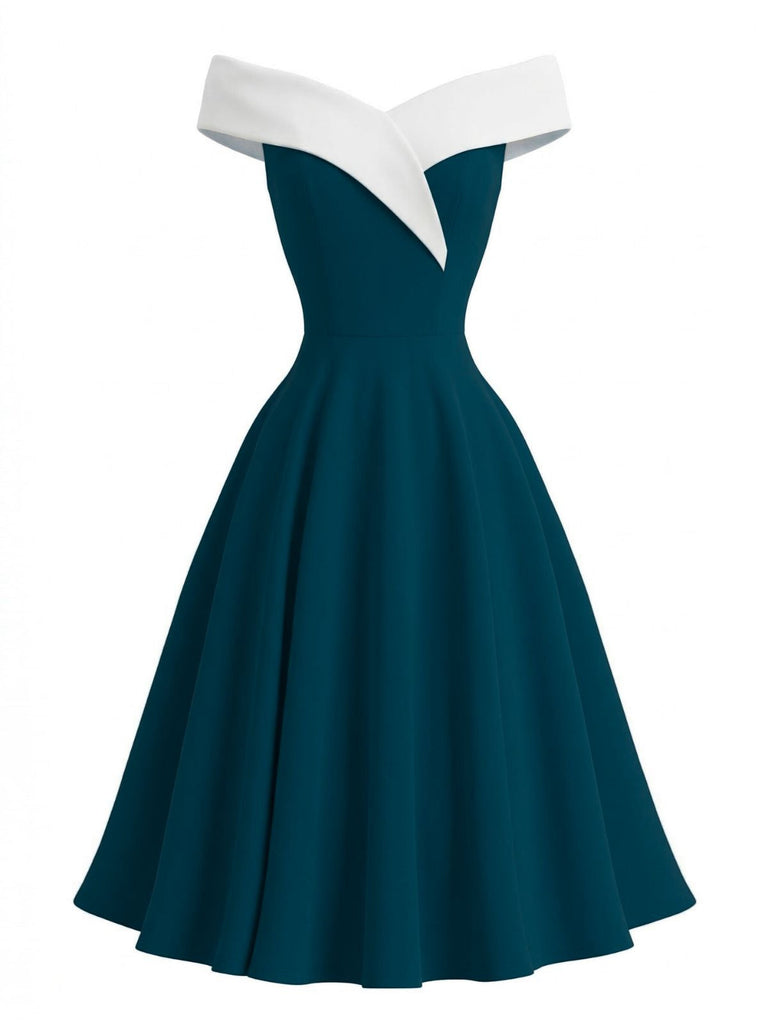 Türkisfarbenes Kleid mit weißem schulterfreiem Oberteil auf weißem Hintergrund