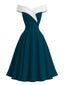 Dunkelpfauenblaues 1950er Schulterfrei Ärmellos Farbblock Kleid