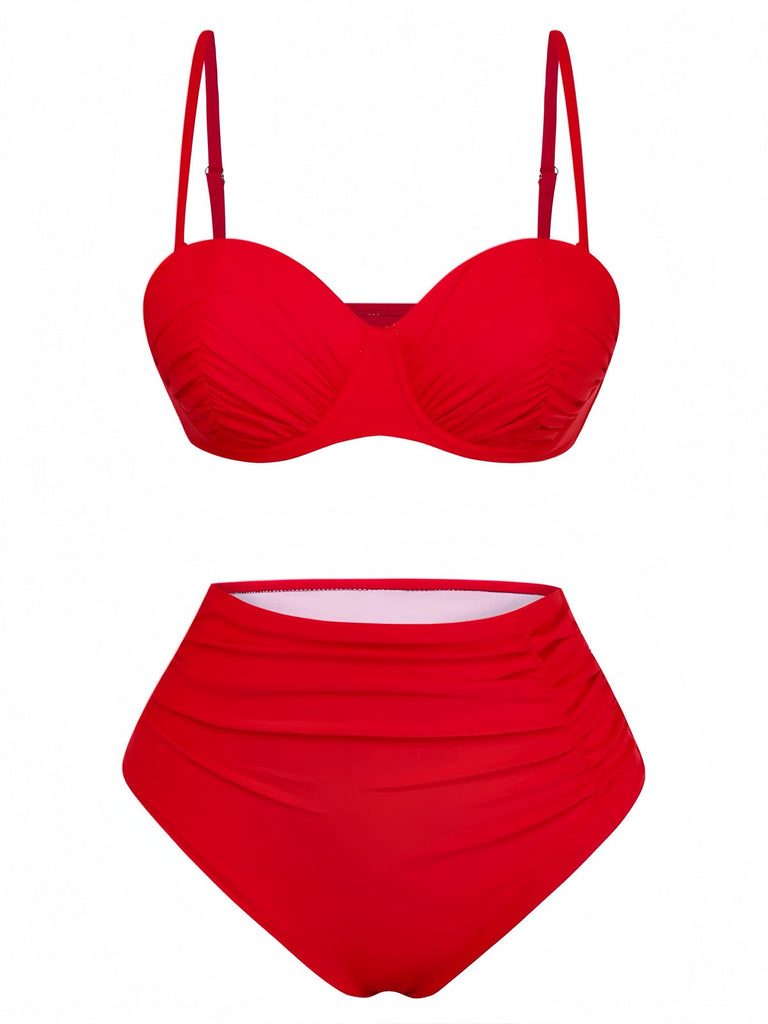 echtes rotes Bikini-Set aus den 1940er Jahren mit hohem Bund und Raffungen