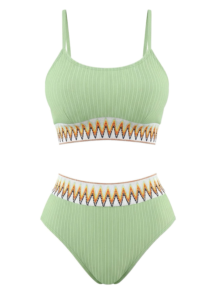 Eisgrün-1950er Zigzag Muster Hochgeschnitten Gerippt Bikini Set