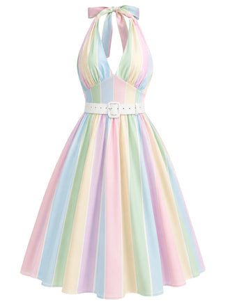 Regenbogen 50er Kleid mit Neckholder und Streifen