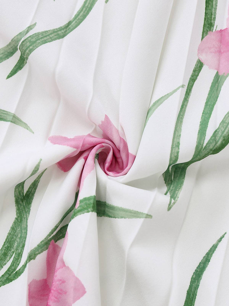 Weiß 1930er U-Ausschnitt Blumen Ärmellos Maxi Kleid