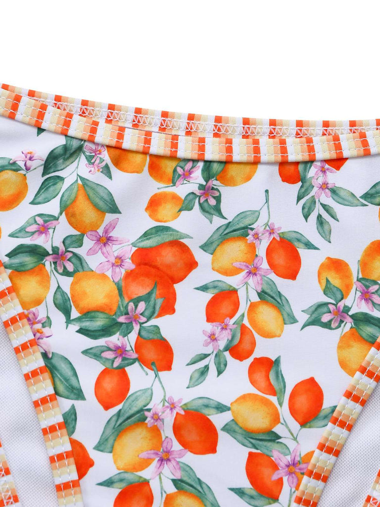 Orangefarbenes Tankini-Set mit Fruchtmuster im Stil der 1950er Jahre mit Haltertop