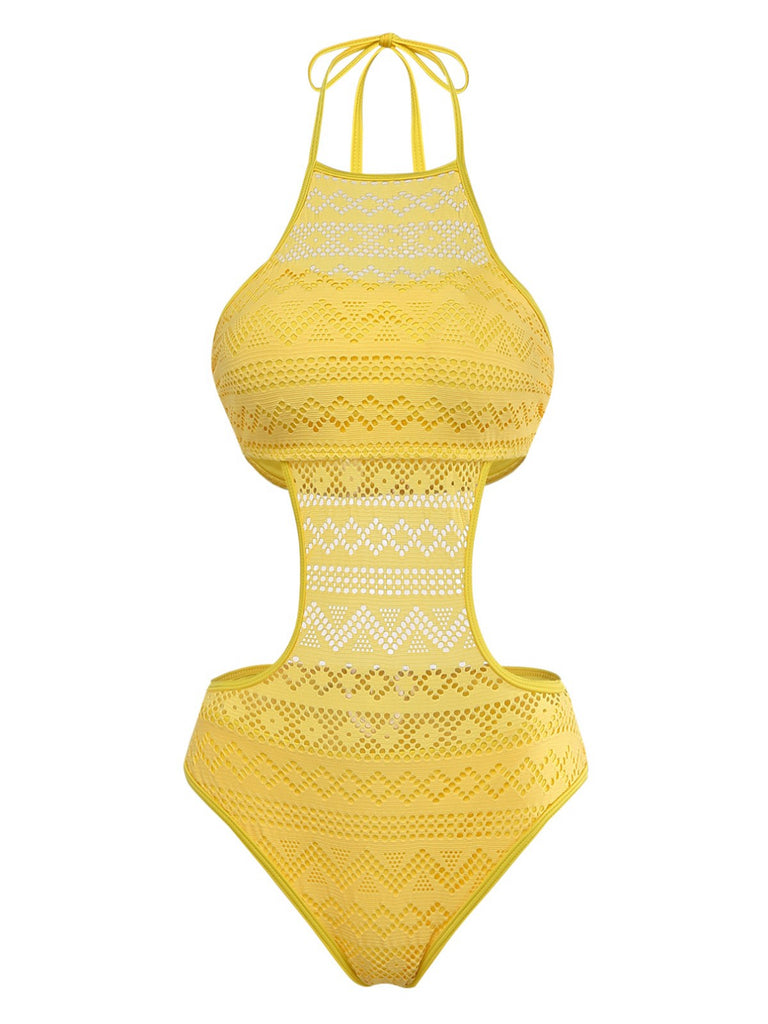 Gelb 1950er Uni Halter Cut-Out Einteiliger Badeanzug