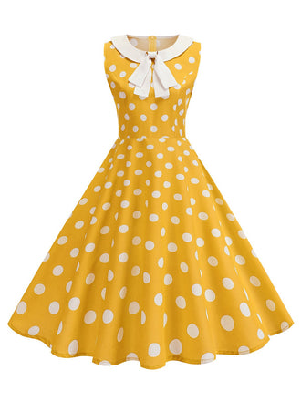 Gelb 1950er Polka Dot Peter-Pan-Kragen Ärmelloses Kleid
