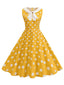 Gelbes 50er ärmelloses Kleid mit Polka-Dots und Peter-Pan-Kragen