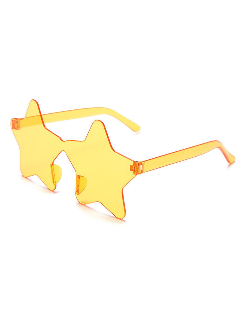 Leuchtend gelbe, sternförmige, getönte Brille in leichtem, rahmenlosem Design.