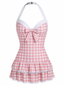 Hellrosa 1940er Halter Plaid Schleife Einteiliger Badeanzug