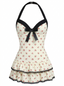 Beige 1940er Halter Polka Dots Schleife Einteiliger Badeanzug