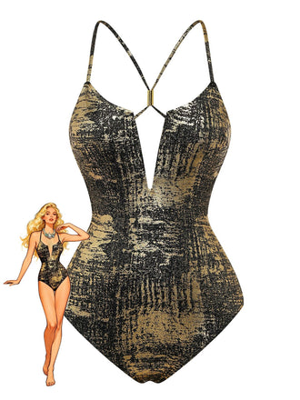 Golder 70er Badeanzug mit V-Ausschnitt und Metallic