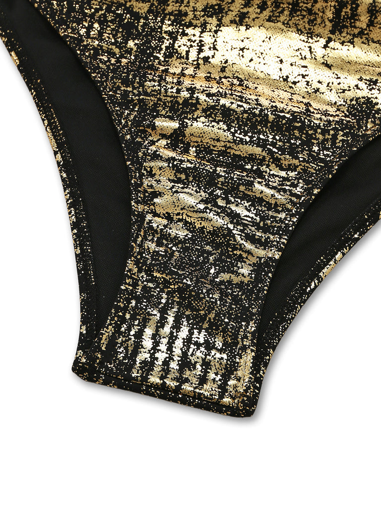 Golder 70er Badeanzug mit V-Ausschnitt und Metallic