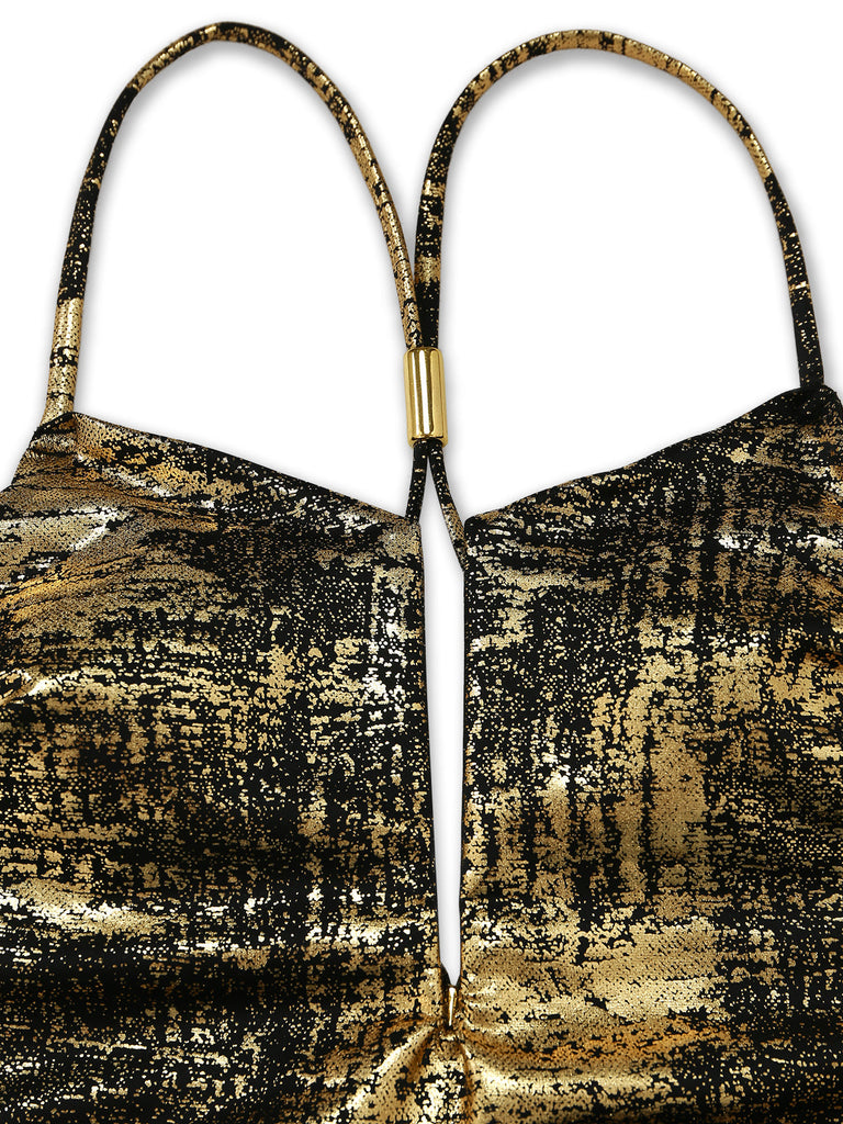 Golder 70er Badeanzug mit V-Ausschnitt und Metallic