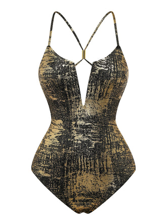 Golder 70er Badeanzug mit V-Ausschnitt und Metallic