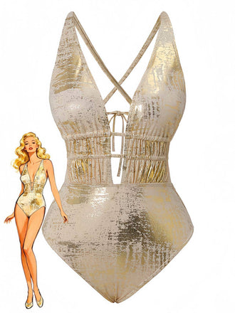 Goldfarbener Metallic-Badeanzug mit passender Illustration einer Frau auf weißem Hintergrund
