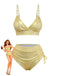 Ein schimmerndes, goldfarbenes Metallic-Bikini-Set mit hochgeschnittenem Höschen und Triangel-Oberteil, verziert mit einer Retro-Illustration.