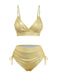 Vorderansicht des goldglänzenden Bikini-Sets mit verstellbarem Triangel-Oberteil und gerafftem, hochgeschnittenem Höschen.