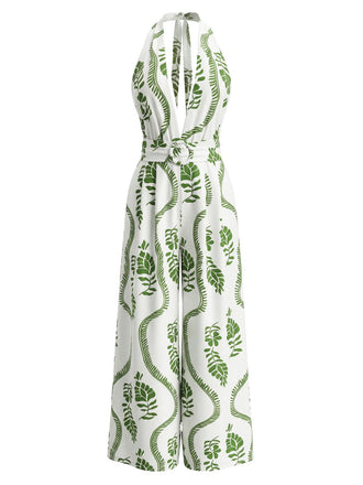 Grüner Jumpsuit im Stil der 1930er Jahre mit Blättermuster, Neckholder und tiefem V-Ausschnitt am Rücken