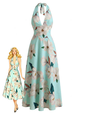 Geblümtes Kleid mit V-Ausschnitt aus den 1930er Jahren – Vintage-Kleid, Retro-Mode