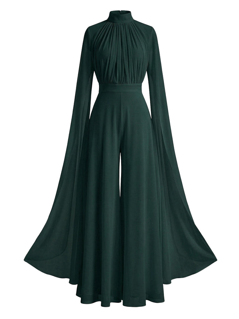 1930er Satin Langarm Rüschen Saum Gerafft Jumpsuit