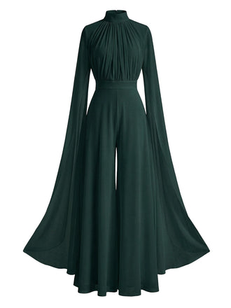 1930er Satin Langarm Rüschen Saum Gerafft Jumpsuit